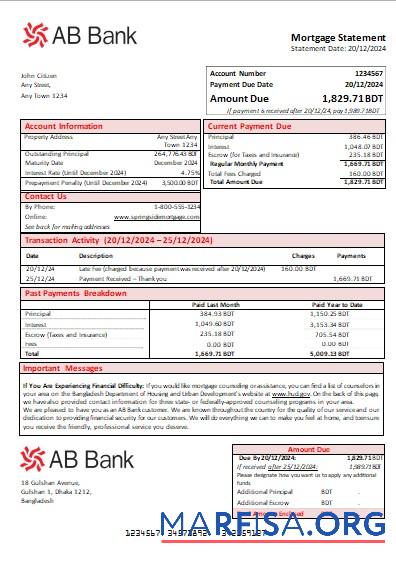 Realistic Bangladesh AB bank mortgage statement scr example